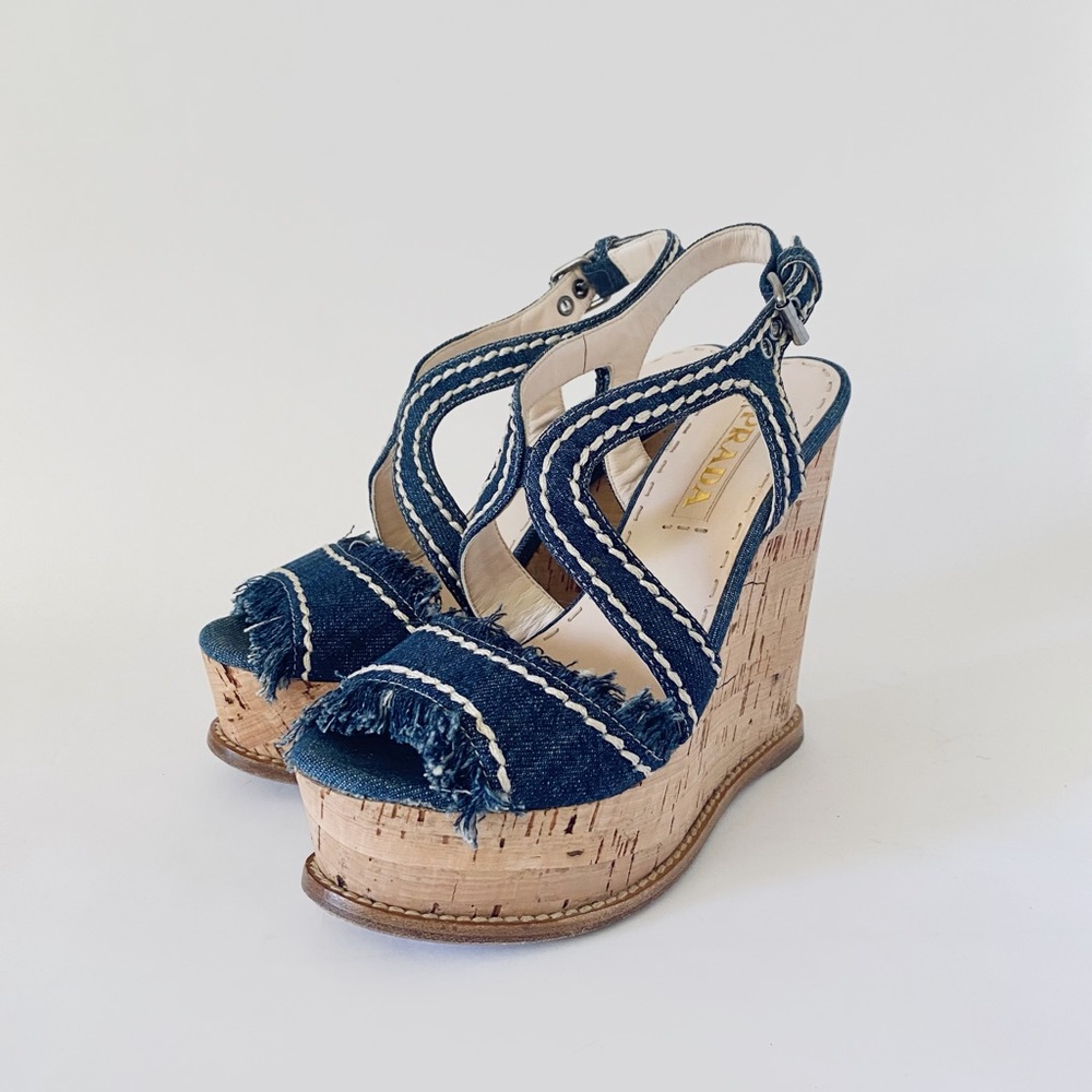 Prada Blue Denim Platform Wedges